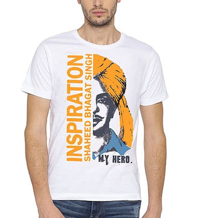 Canis Shaheed Bhagat Singh Printed Round Neck Men's White T-Shirt