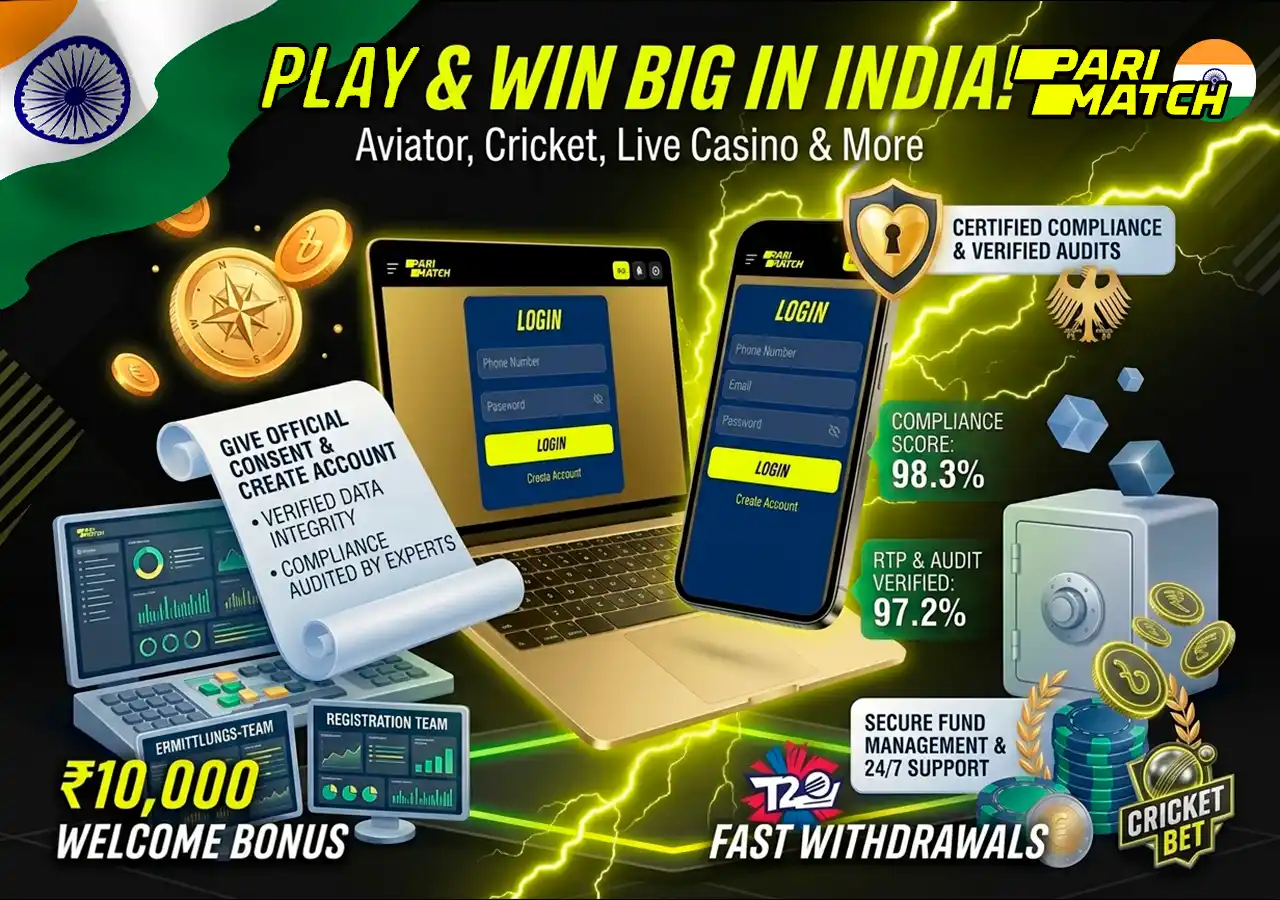 Official Parimatch India website login screen on laptop and mobile device in rupees