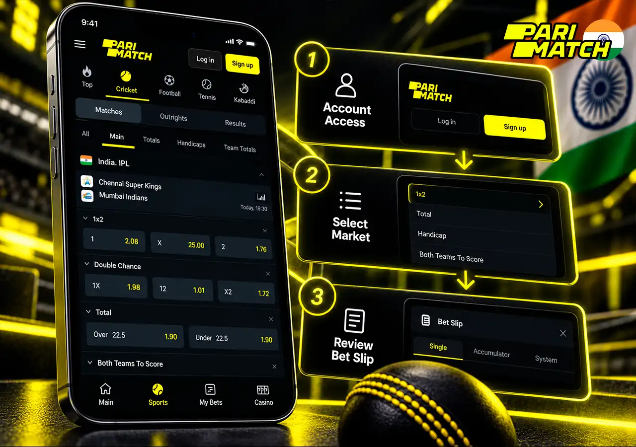 Parimatch betting flow on mobile with account access, market selection and bet-slip review.