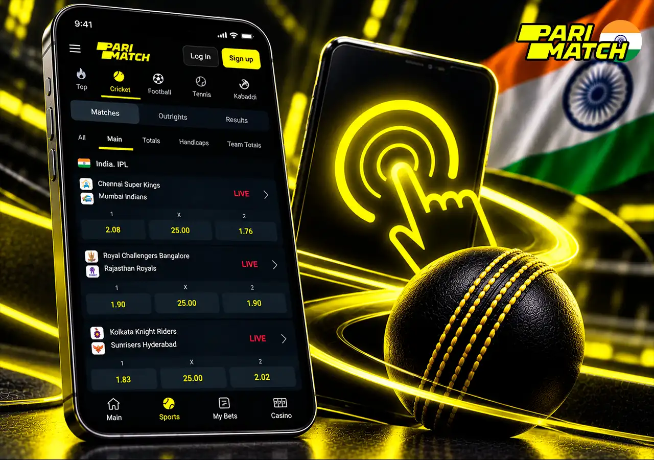 Mobile cricket betting interface with phone-first controls and Indian GEO marker.